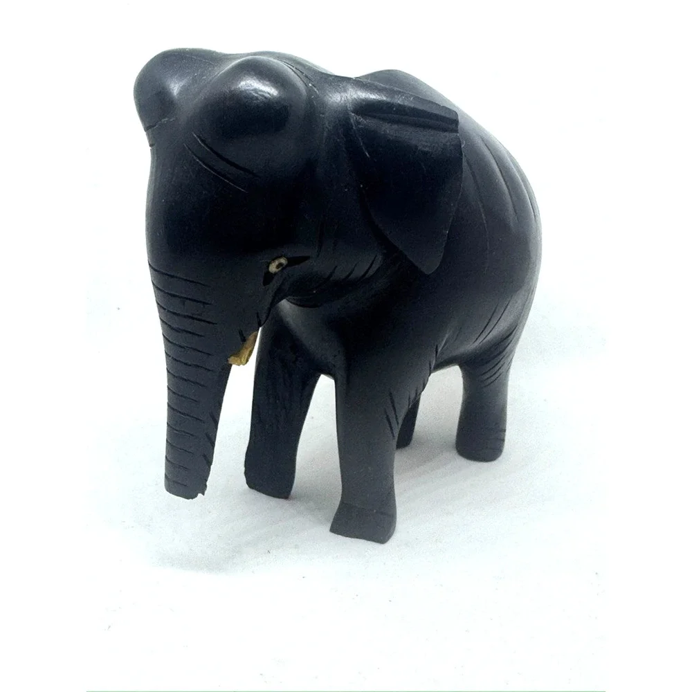 Vintage Ebony Wood Black Elephant Hand Carved Figurine Sculpture